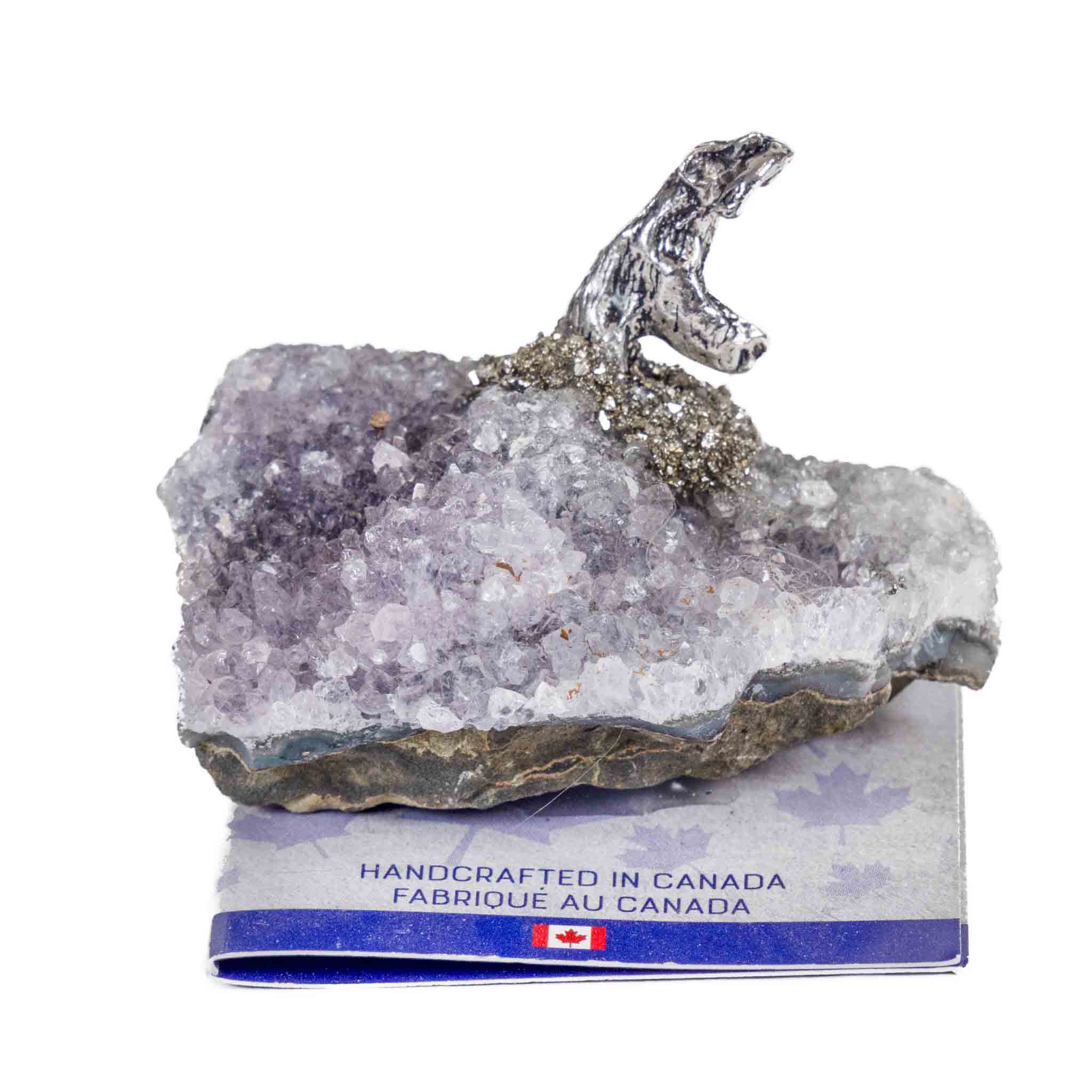 Amethyst Cluster with Bear with Fish metal figurine